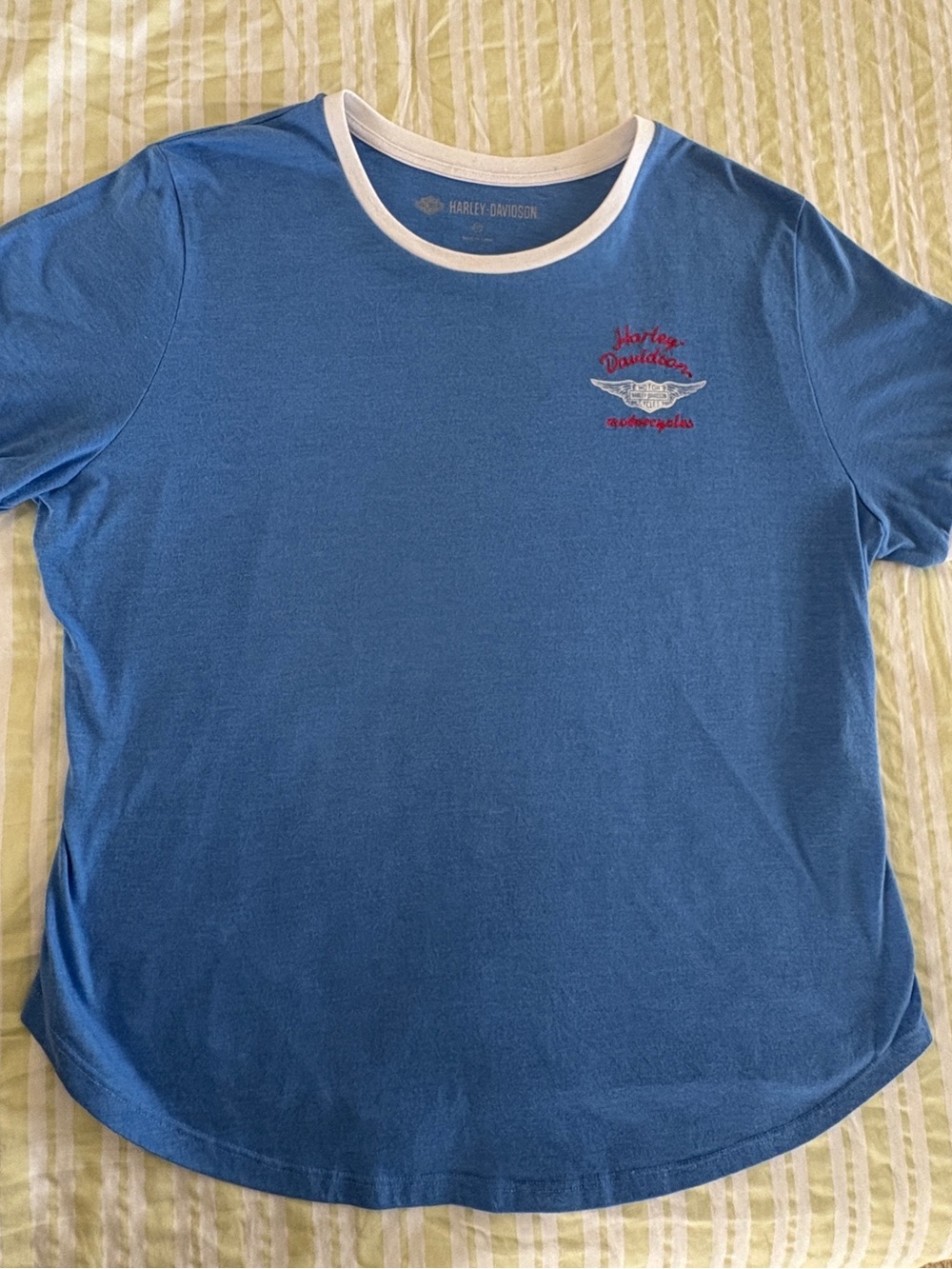 Harley-Davidson Blue Tee with Red Script and White Wing Emblem